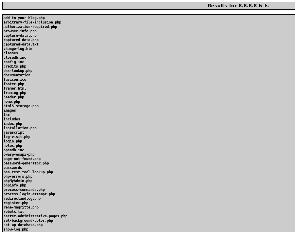 DNS Lookup output for '8.8.8.8 & ls' listing the Mutillidae web directory