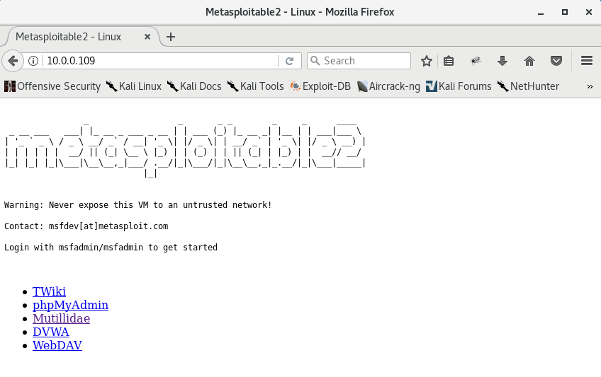 Metasploitable2 landing page loaded in Firefox at 10.0.0.109