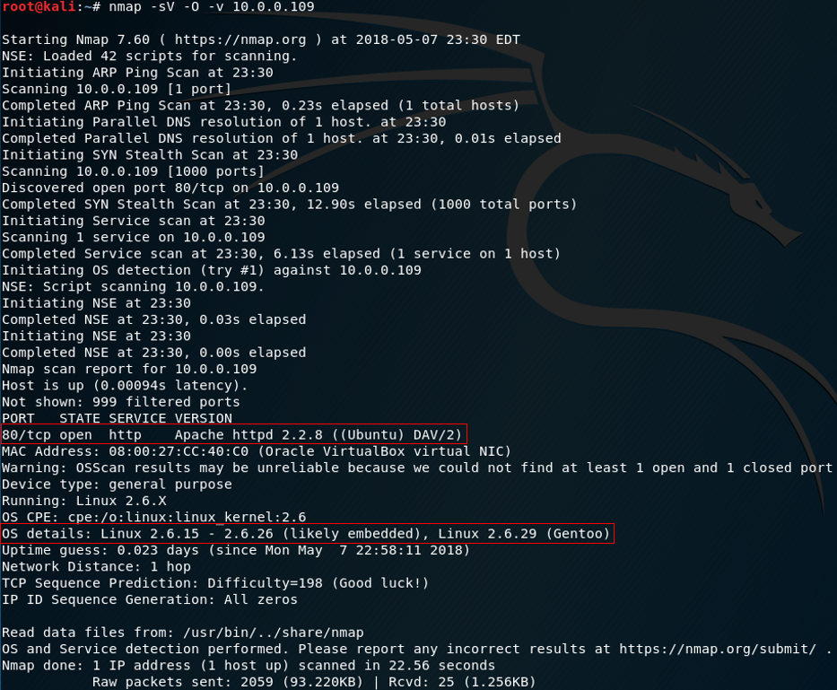 nmap -sV -O -v output showing port 80/http open on an Apache, Linux host
